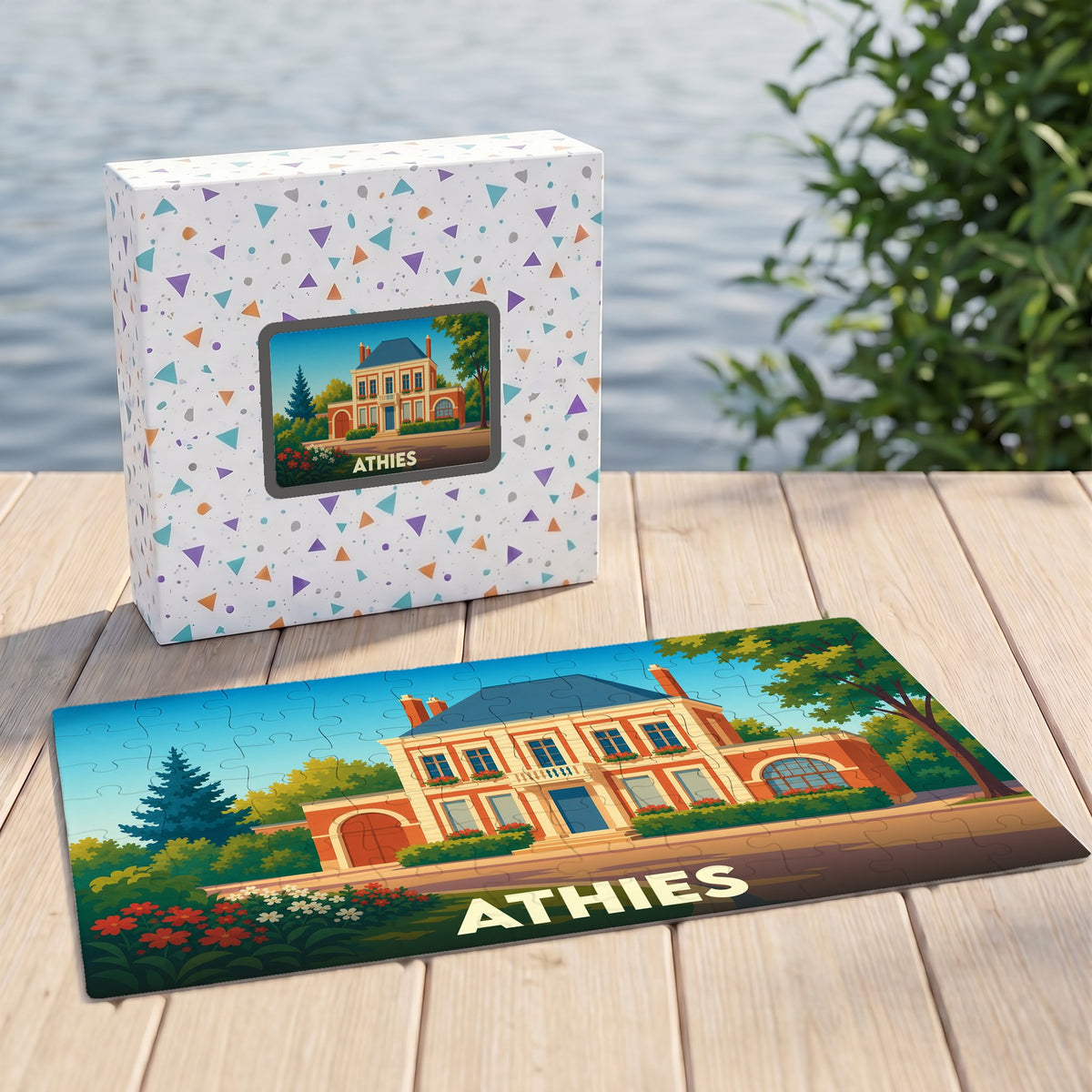 Puzzle souvenir de la ville d'Athies avec une illustration stylisée d'une demeure bourgeoise.
