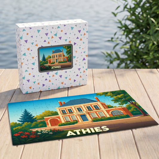Puzzle souvenir de la ville d'Athies avec une illustration stylisée d'une demeure bourgeoise.