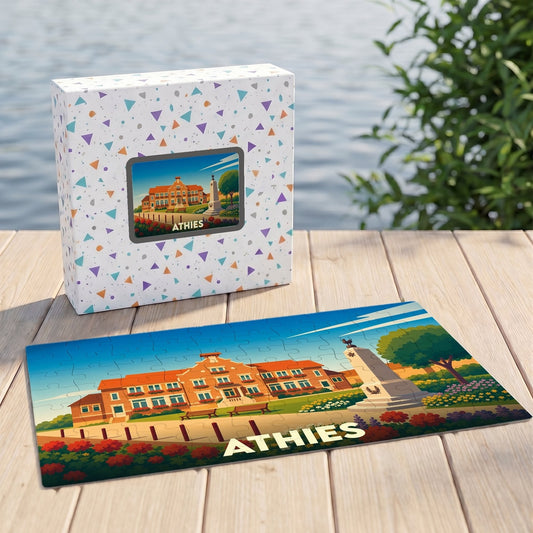 Puzzle souvenir de la ville de Athies avec une illustration colorée de son patrimoine architectural.