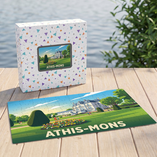 Puzzle souvenir de la ville d'Athis-Mons avec une illustration stylisée de son château et de ses jardins.