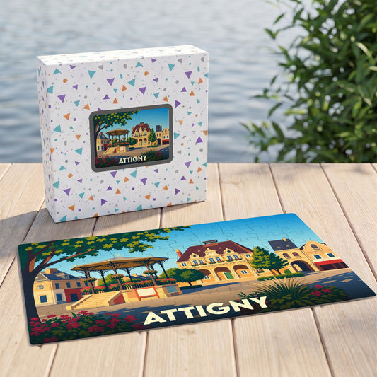Puzzle souvenir de la ville d'Attigny avec une illustration stylisée d'une place arborée et son kiosque.