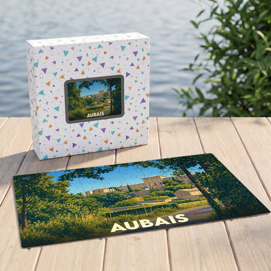 Puzzle souvenir de la ville d'Aubais avec une illustration paysagère stylisée.