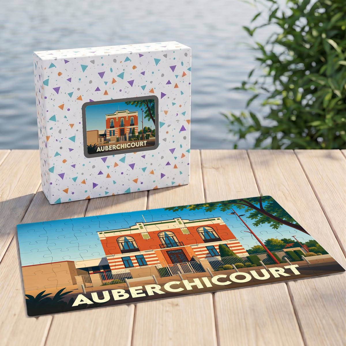 Puzzle souvenir de la ville d'Auberchicourt illustré d'un bâtiment remarquable dans un style rétro.