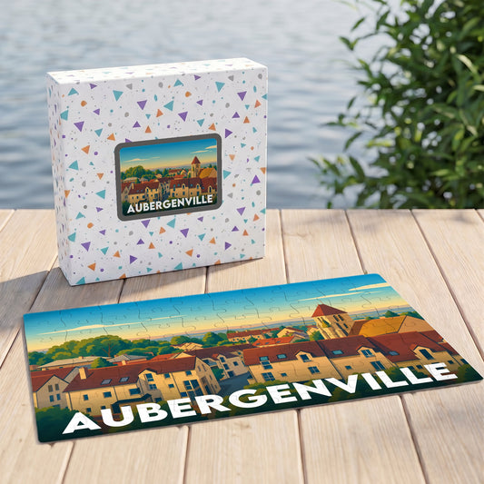 Puzzle souvenir de la ville d'Aubergenville avec une illustration stylisée de ses paysages et habitations.