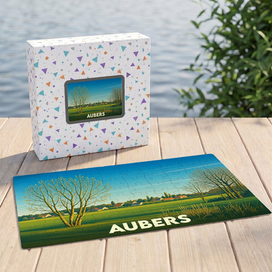 Puzzle souvenir de la ville d'Aubers avec une illustration stylisée d'un paysage de campagne.