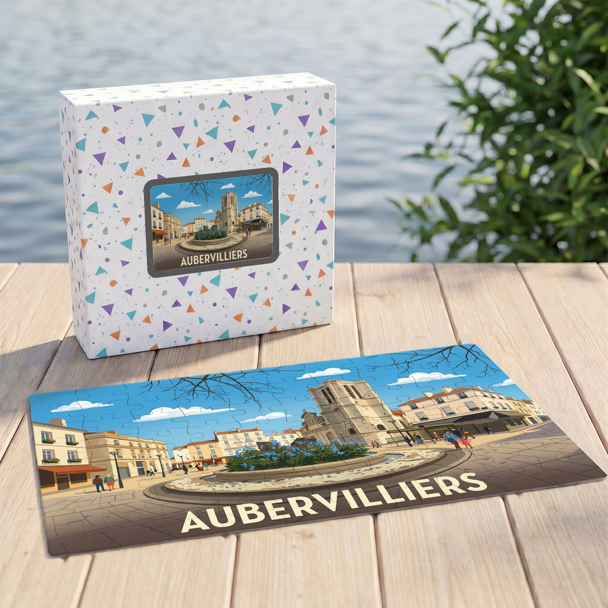 Puzzle souvenir de la ville d'Aubervilliers présentant une illustration stylisée d'une place historique.