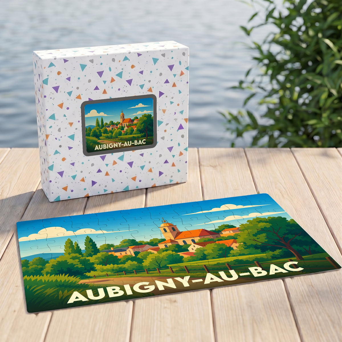 Puzzle souvenir de la ville d'Aubigny-au-Bac avec une illustration stylisée et colorée.