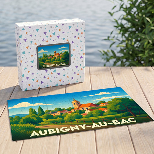 Puzzle souvenir de la ville d'Aubigny-au-Bac avec une illustration stylisée et colorée.