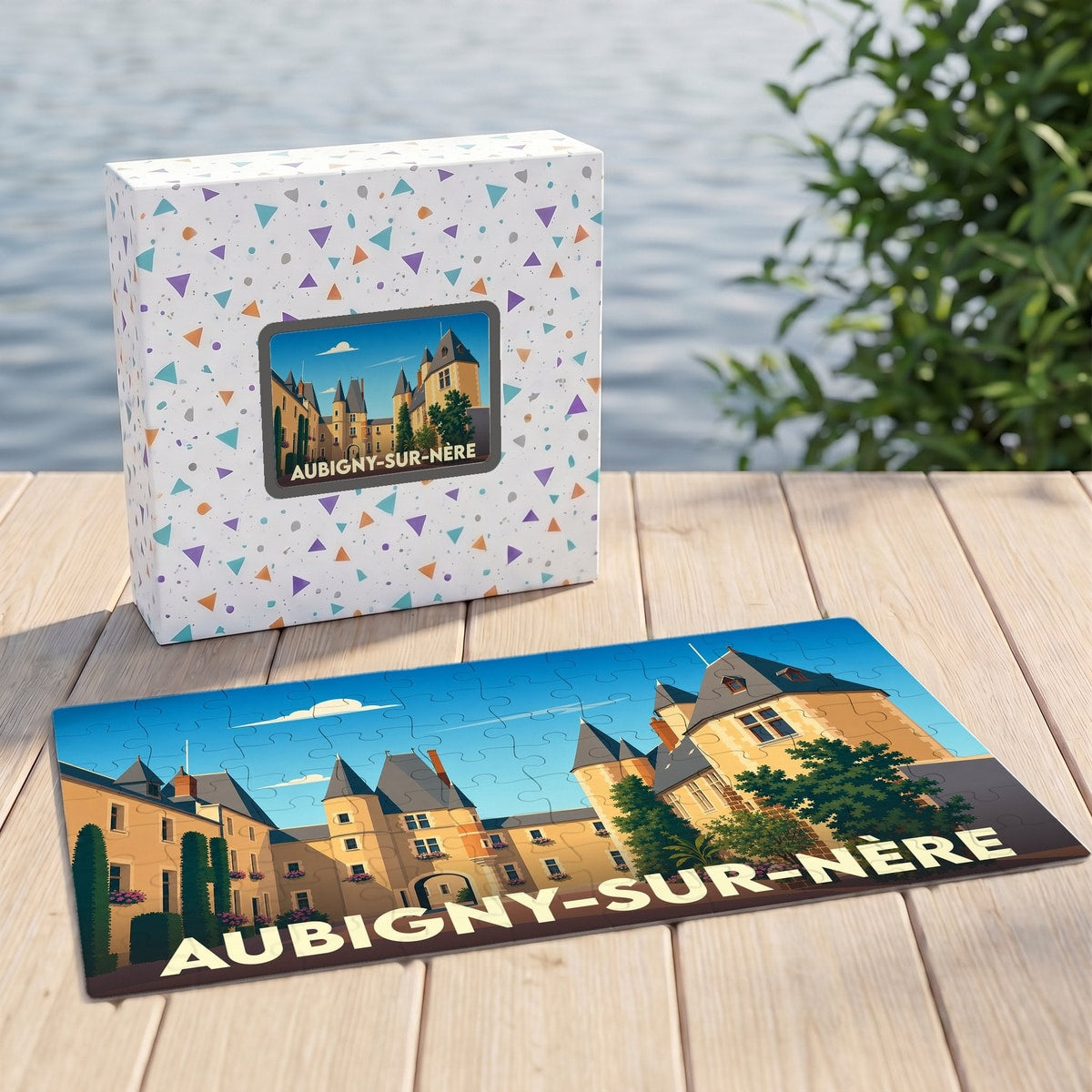 Puzzle souvenir de la ville d'Aubigny-sur-Nère avec une illustration stylisée du château des Stuarts.