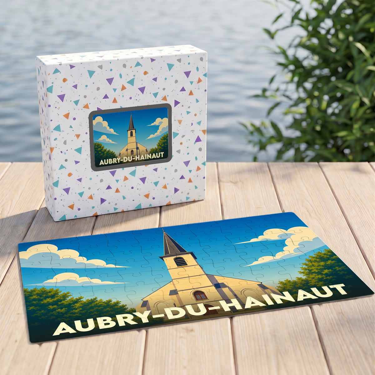 Puzzle souvenir de la ville de Aubry-du-Hainaut avec une illustration stylisée de son église.