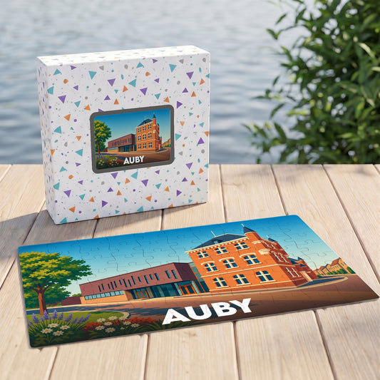 Puzzle souvenir de la ville d'Auby avec une illustration stylisée de son architecture.