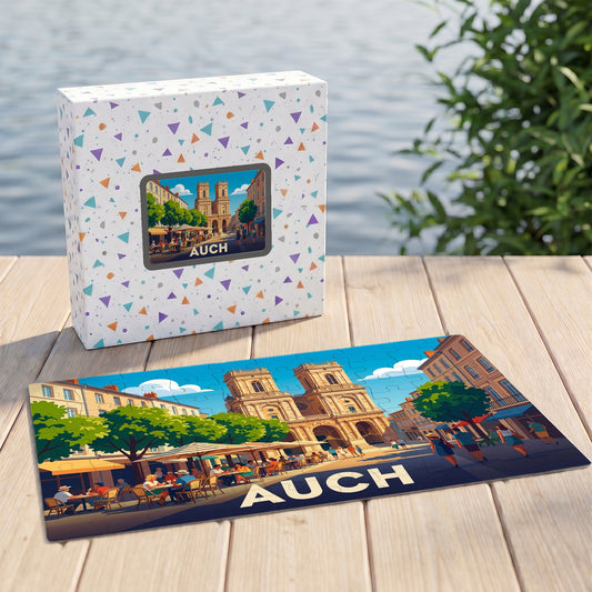 Puzzle souvenir de la ville d'Auch avec une illustration stylisée de sa cathédrale et de ses terrasses.