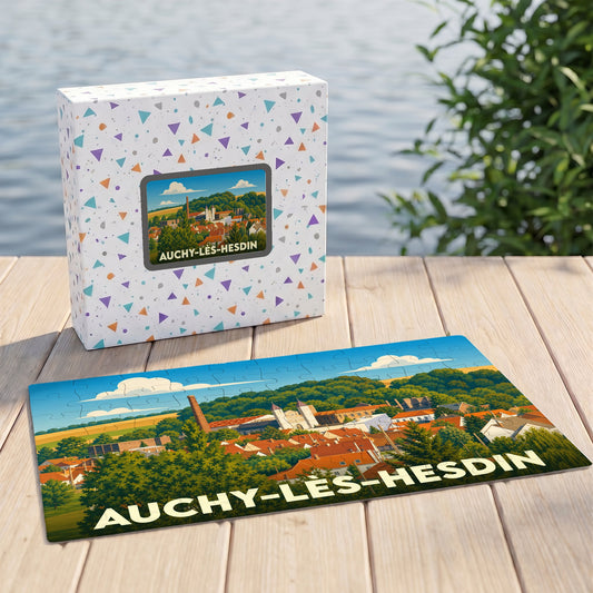 Puzzle souvenir de la ville de Auchy-lès-Hesdin avec une illustration stylisée et colorée.