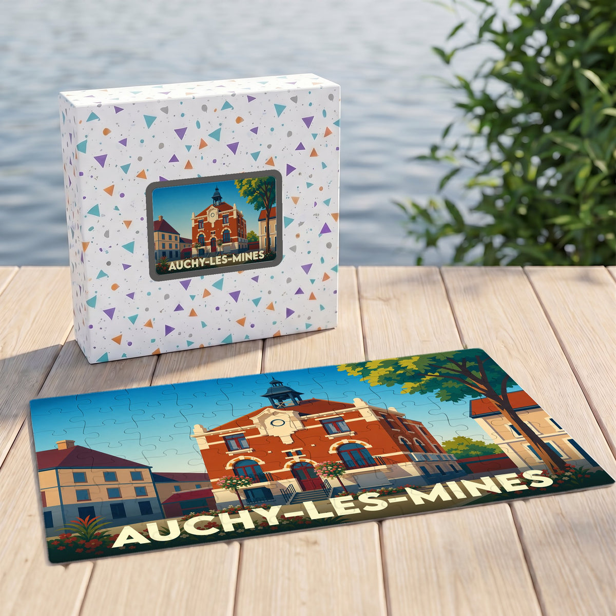Puzzle souvenir de la ville de Auchy-les-Mines avec une illustration stylisée de son hôtel de ville.