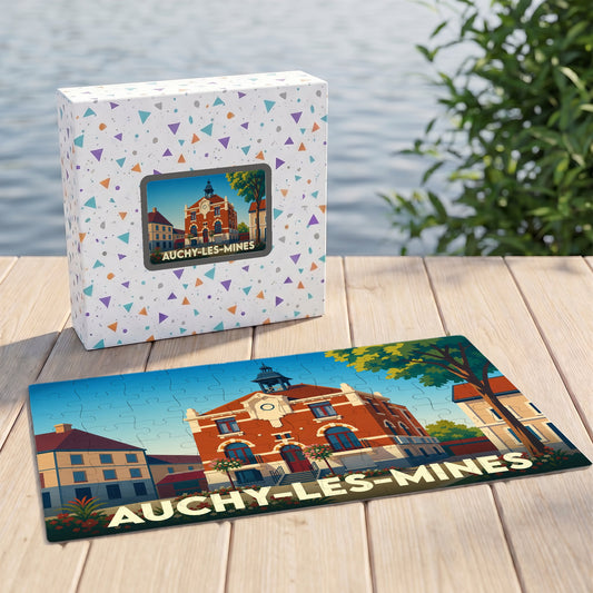 Puzzle souvenir de la ville de Auchy-les-Mines avec une illustration stylisée de son hôtel de ville.