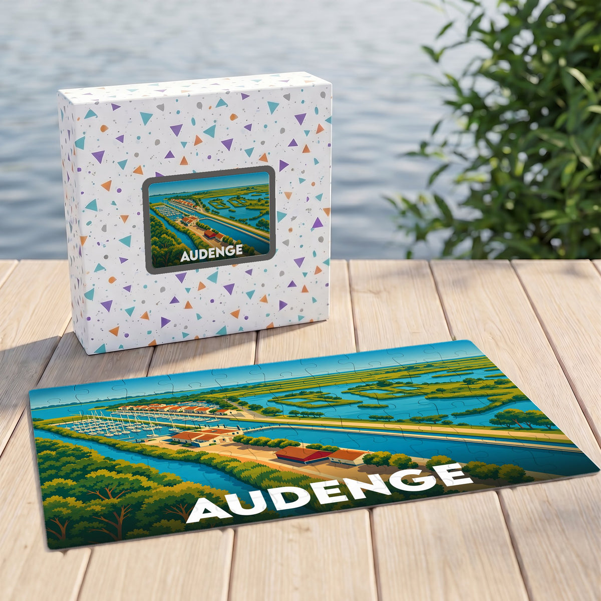 Puzzle souvenir de la ville d'Audenge illustrant son port et ses paysages marins de manière stylisée.