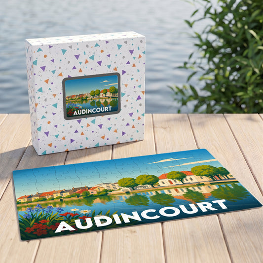 Puzzle souvenir de la ville d'Audincourt avec une illustration stylisée et colorée de ses quais.
