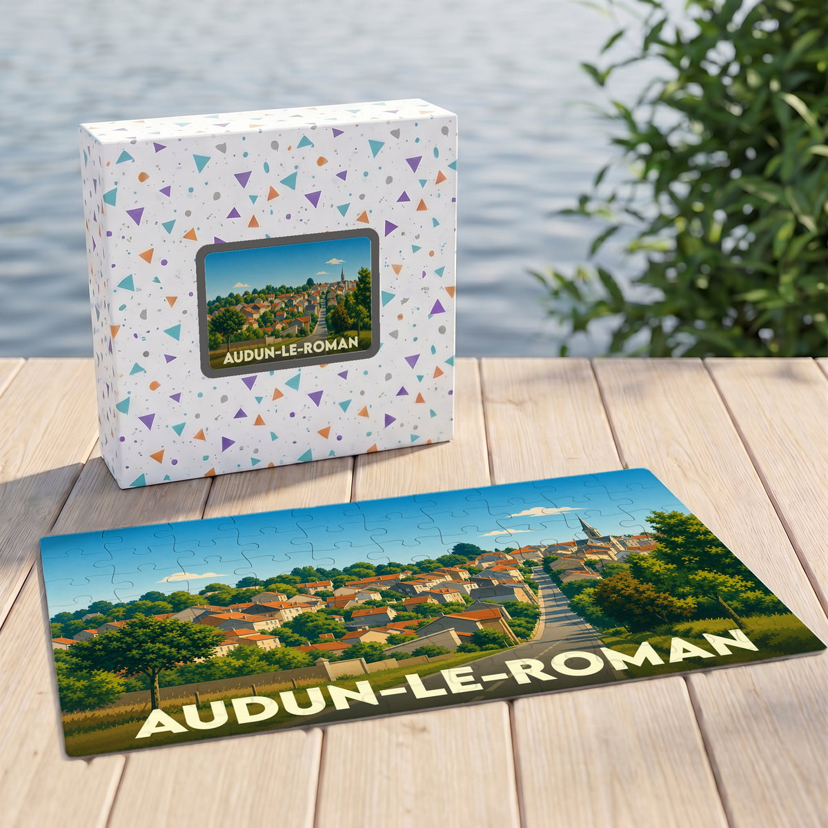 Puzzle souvenir de la ville d'Audun-le-Roman avec une illustration stylisée d'un paysage urbain.