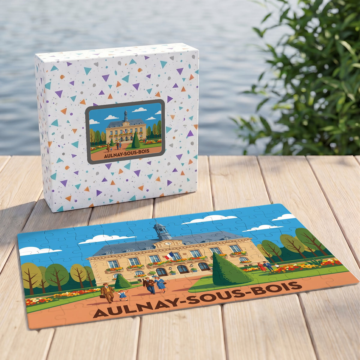 Puzzle souvenir de la ville d'Aulnay-sous-Bois avec une illustration stylisée de son hôtel de ville.