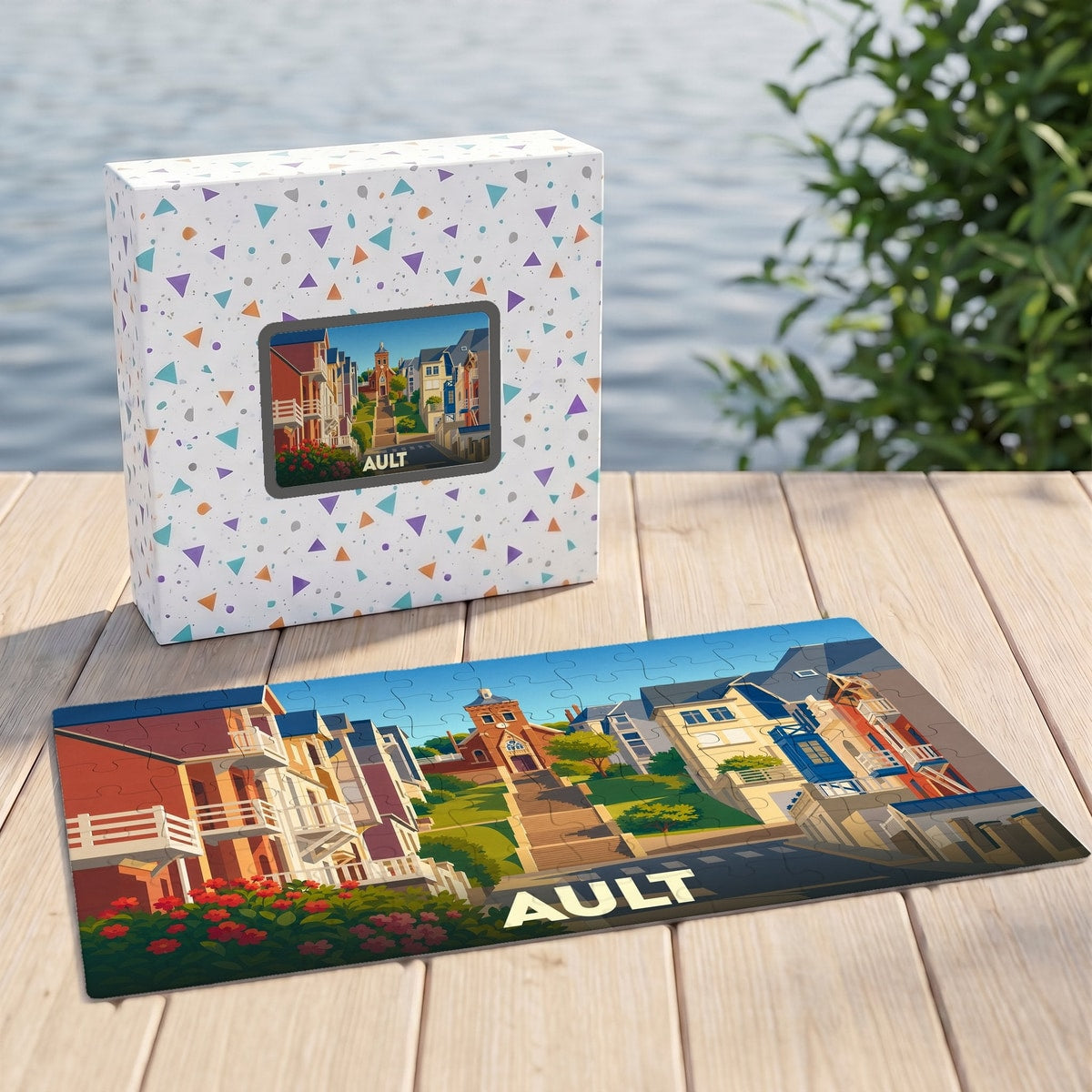 Puzzle souvenir de la ville de Ault avec une illustration colorée et stylisée de ses rues.