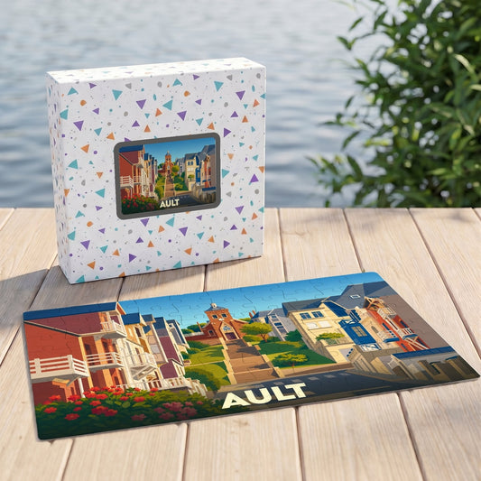 Puzzle souvenir de la ville de Ault avec une illustration colorée et stylisée de ses rues.