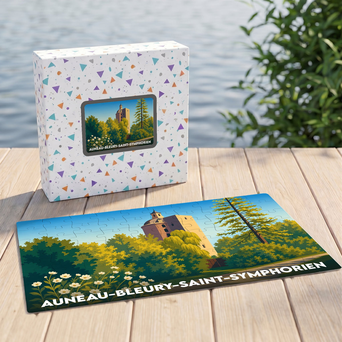 Puzzle souvenir de la ville de Auneau-Bleury-Saint-Symphorien avec une illustration stylisée de son château et de sa verdure.
