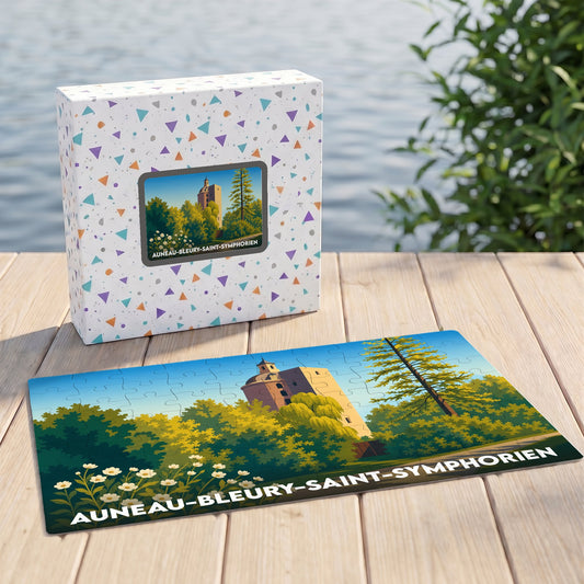 Puzzle souvenir de la ville de Auneau-Bleury-Saint-Symphorien avec une illustration stylisée de son château et de sa verdure.