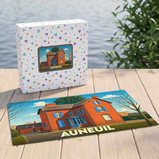 Puzzle souvenir de la ville d'Auneuil représentant une maison traditionnelle avec une illustration stylisée.