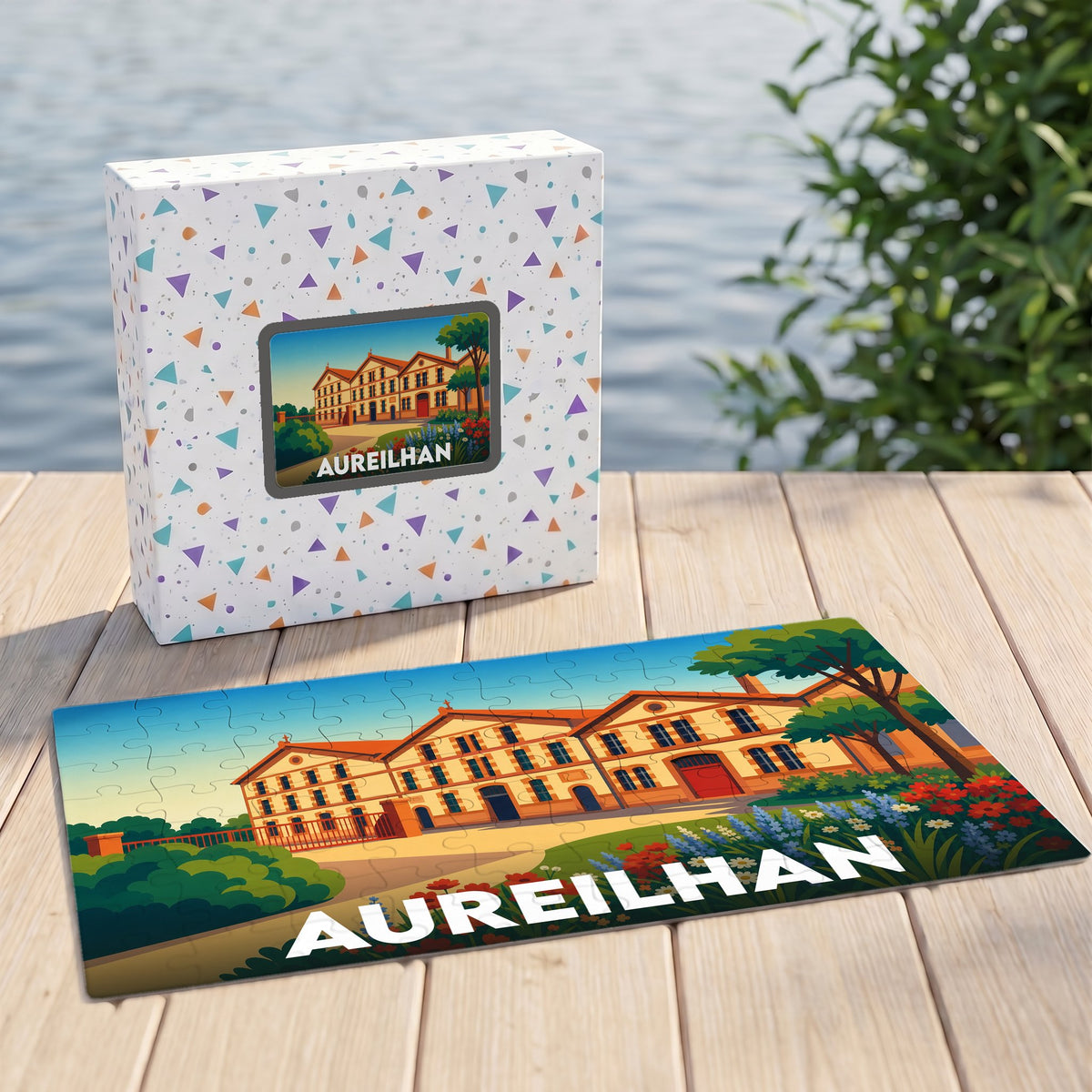 Puzzle souvenir de la ville d'Aureilhan avec une illustration stylisée d'un bâtiment historique et de jardins fleuris.