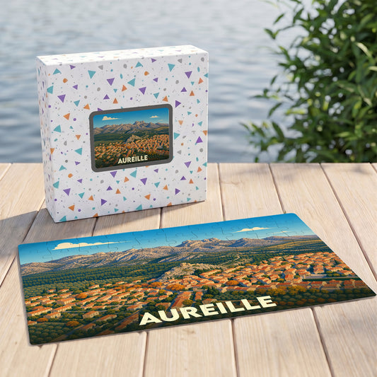 Puzzle souvenir de la ville d'Aureille représentant un paysage provençal illustré.