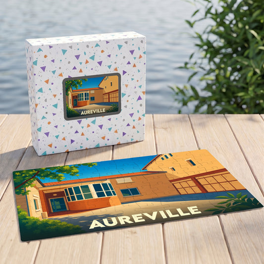 Puzzle souvenir de la ville d'Aureville avec une illustration stylisée d'un bâtiment ensoleillé.