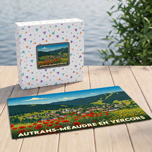 Puzzle souvenir de la ville d'Autrans-Méaudre en Vercors avec une illustration stylisée de son paysage montagneux.