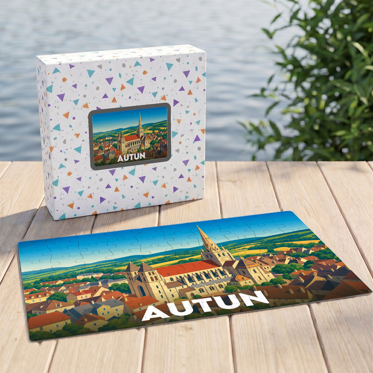 Puzzle souvenir de la ville d'Autun représentant une vue panoramique illustrée de sa cathédrale et de ses toits.