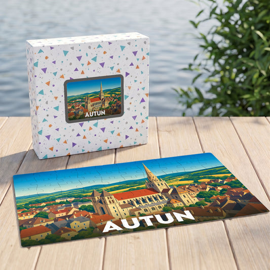 Puzzle souvenir de la ville d'Autun représentant une vue panoramique illustrée de sa cathédrale et de ses toits.