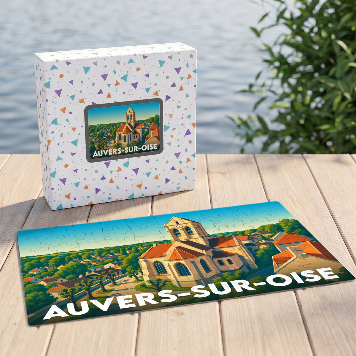 Puzzle souvenir de la ville d'Auvers-sur-Oise avec une illustration stylisée de son église emblématique.