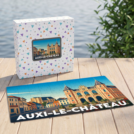 Puzzle souvenir de la ville d'Auxi-le-Château avec une illustration stylisée et colorée de son architecture.