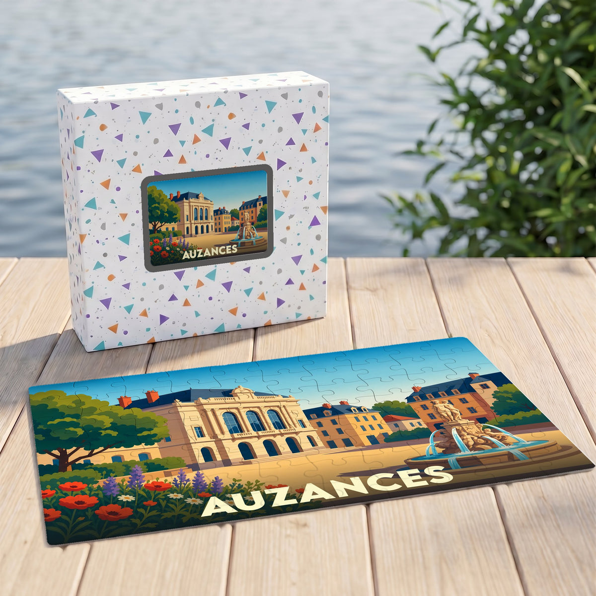 Puzzle souvenir de la ville d'Auzances avec une illustration stylisée d'une place animée.