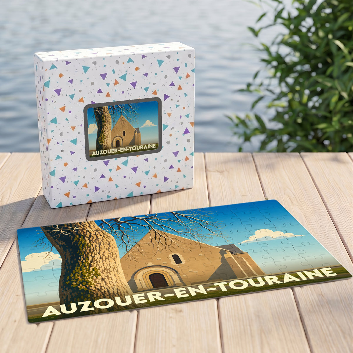 Puzzle souvenir de la ville de Auzouer-en-Touraine avec une illustration stylisée de son église et d'un grand arbre.