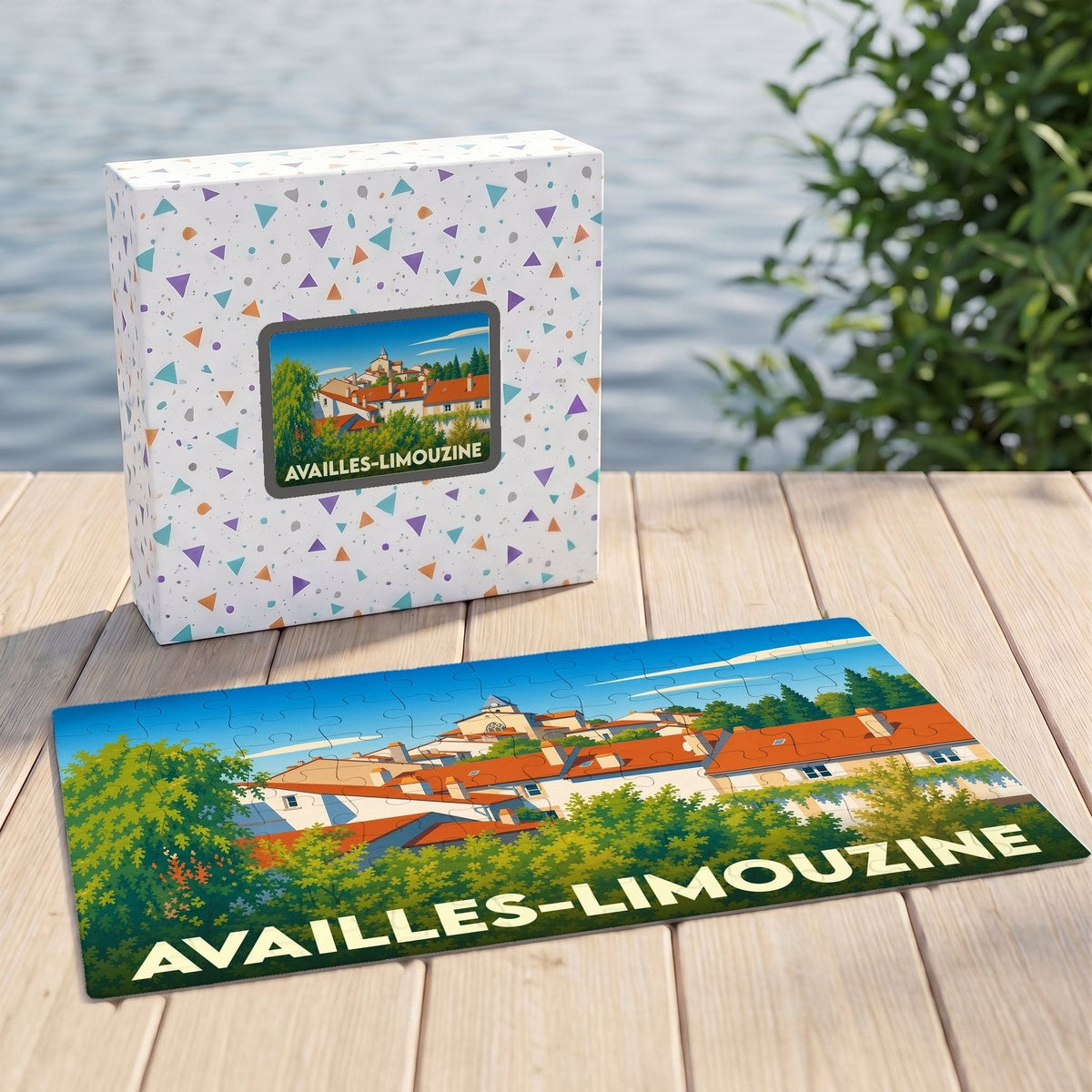 Puzzle souvenir de la ville d'Availles-Limouzine avec une illustration stylisée de ses toits rouges.