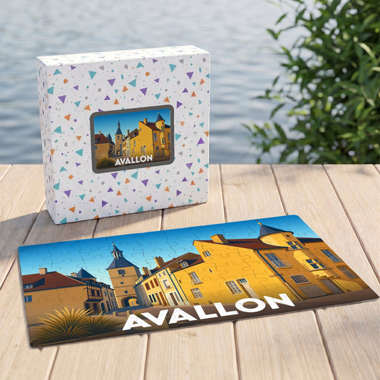 Puzzle souvenir de la ville d'Avallon avec une illustration stylisée et colorée de ses bâtiments historiques.