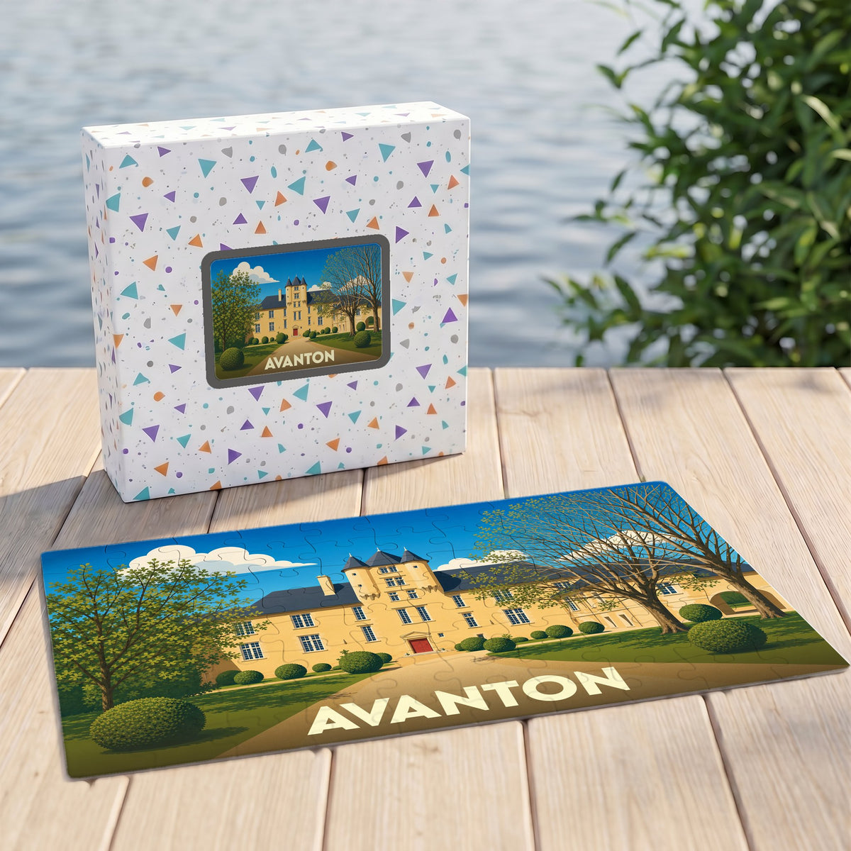 Puzzle souvenir de la ville d'Avanton représentant son château avec une illustration stylisée.