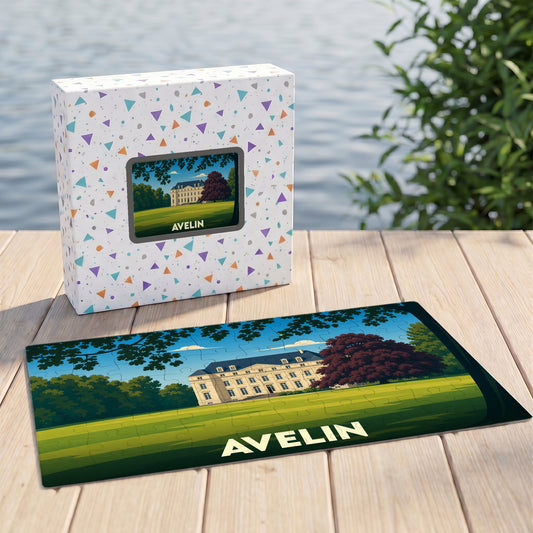 Puzzle souvenir de la ville d'Avelin avec une illustration stylisée de son château dans son écrin de verdure.