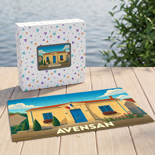 Puzzle souvenir de la ville de Avensan avec une illustration stylisée.