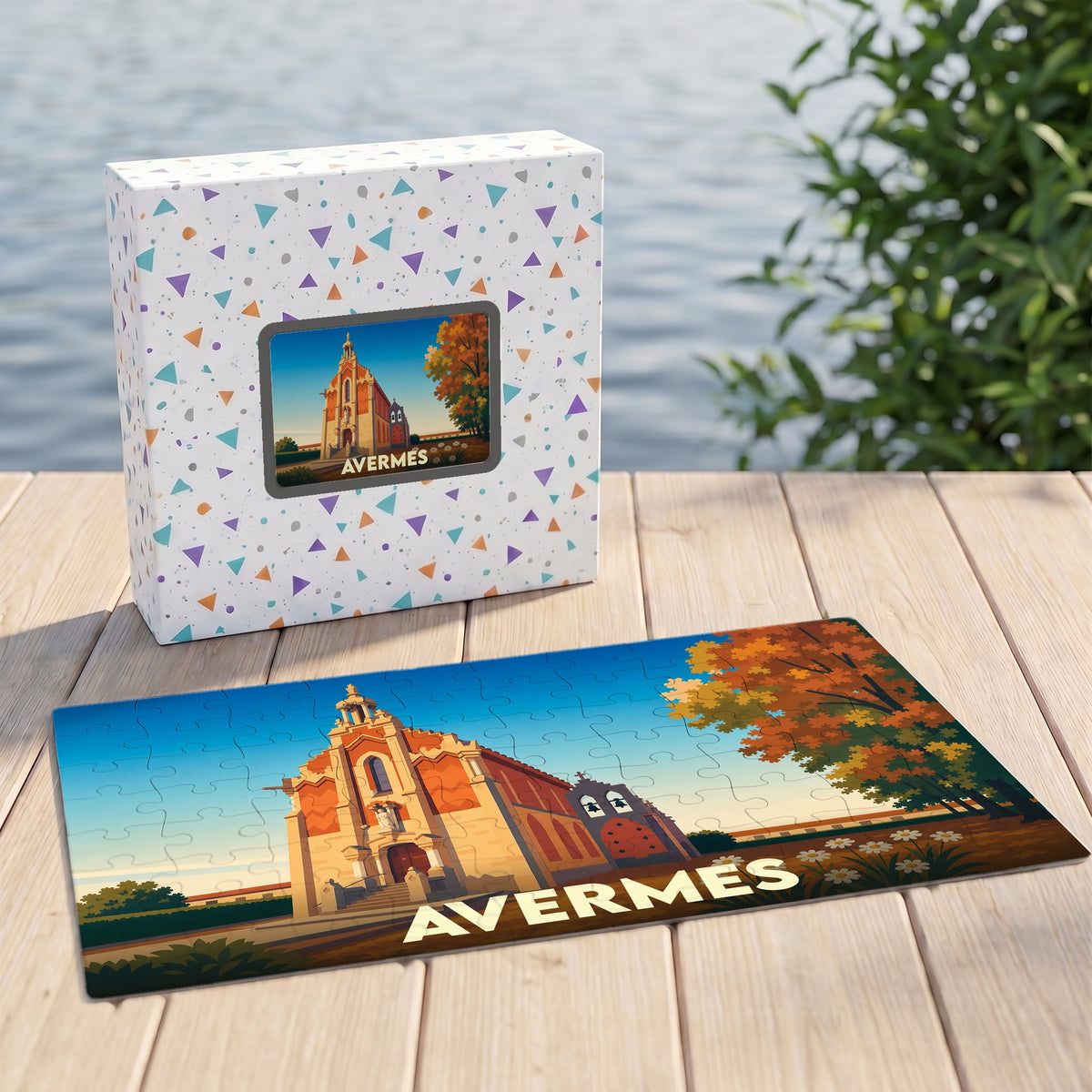 Puzzle souvenir de la ville d'Avermes illustrant son église dans un style graphique épuré.