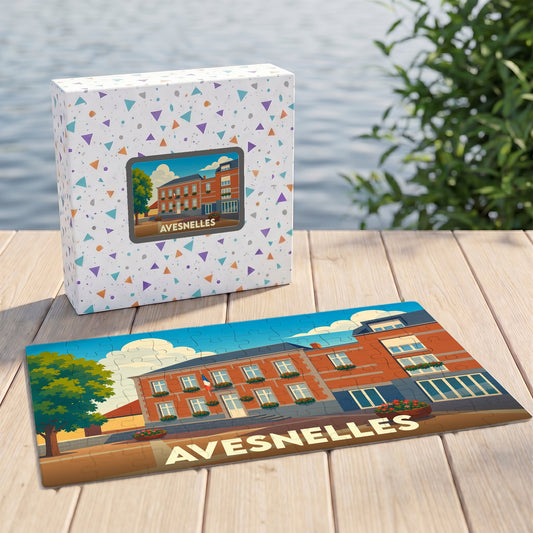 Puzzle souvenir de la ville de Avesnelles avec une illustration stylisée d'un bâtiment communal.