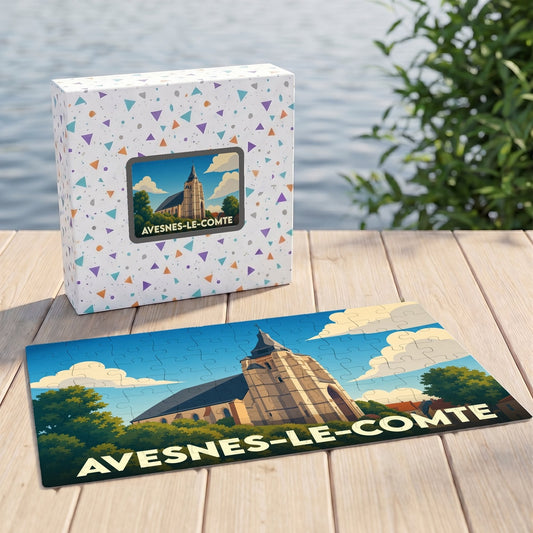 Puzzle souvenir de la ville d'Avesnes-le-Comte présentant une illustration stylisée de son église.