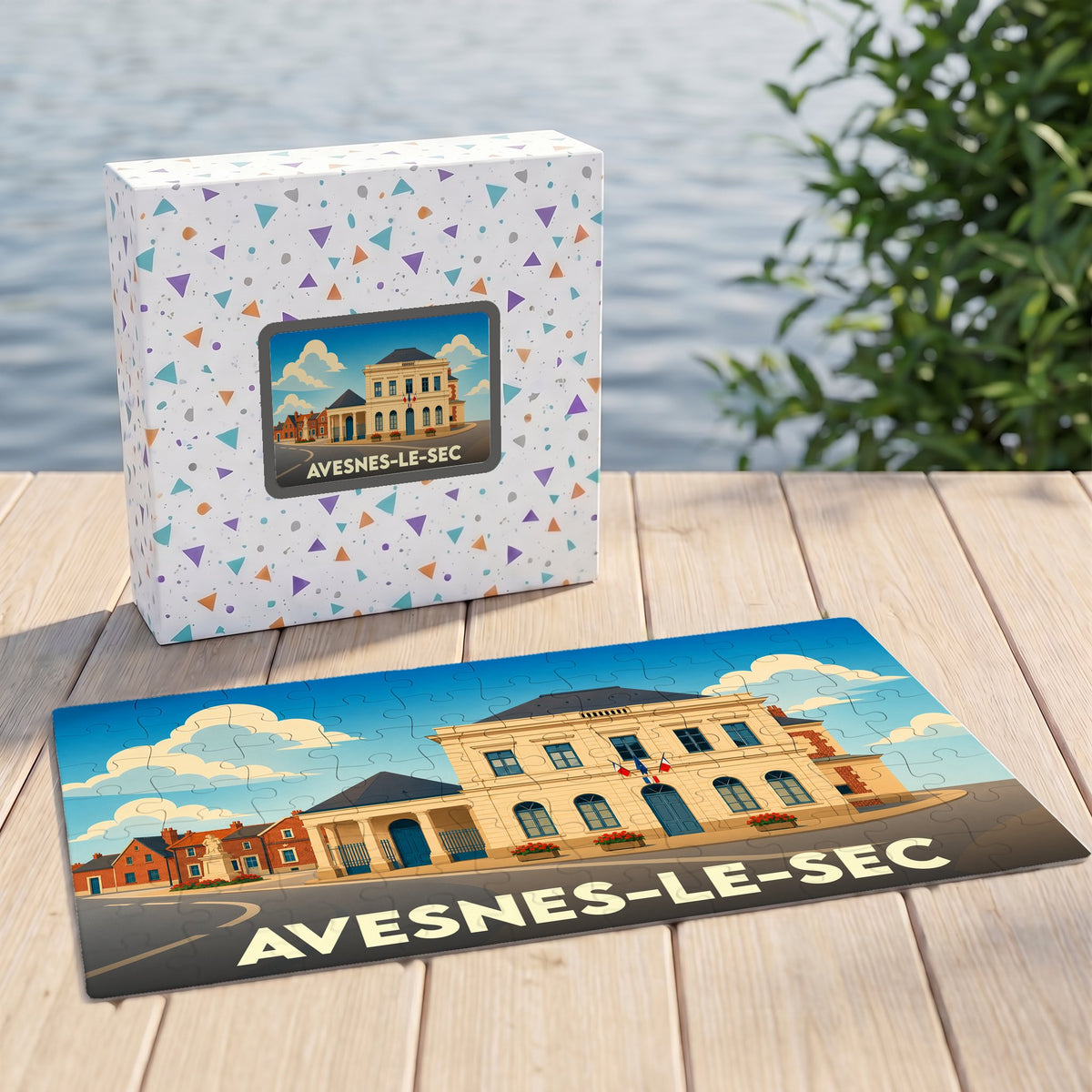 Puzzle souvenir de la ville de Avesnes-le-Sec avec une illustration stylisée de son hôtel de ville.