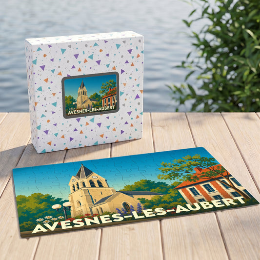 Puzzle souvenir de la ville d'Avesnes-les-Aubert avec une illustration stylisée de l'église et de son environnement.