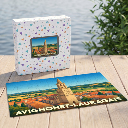 Puzzle souvenir de la ville d'Avignonet-Lauragais avec une illustration stylisée de son clocher et de ses paysages.