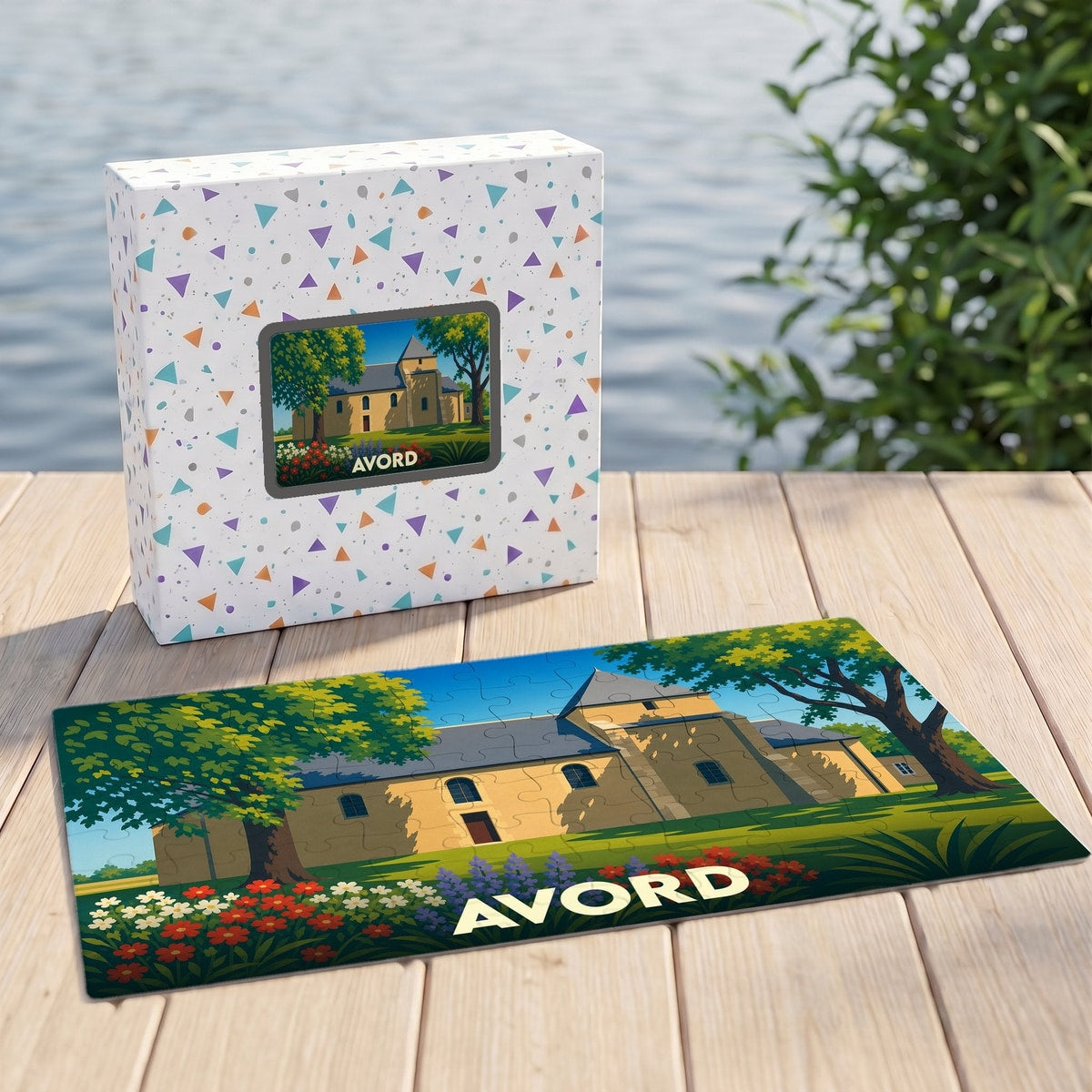 Puzzle souvenir de la ville d'Avord avec une illustration stylisée de son église.